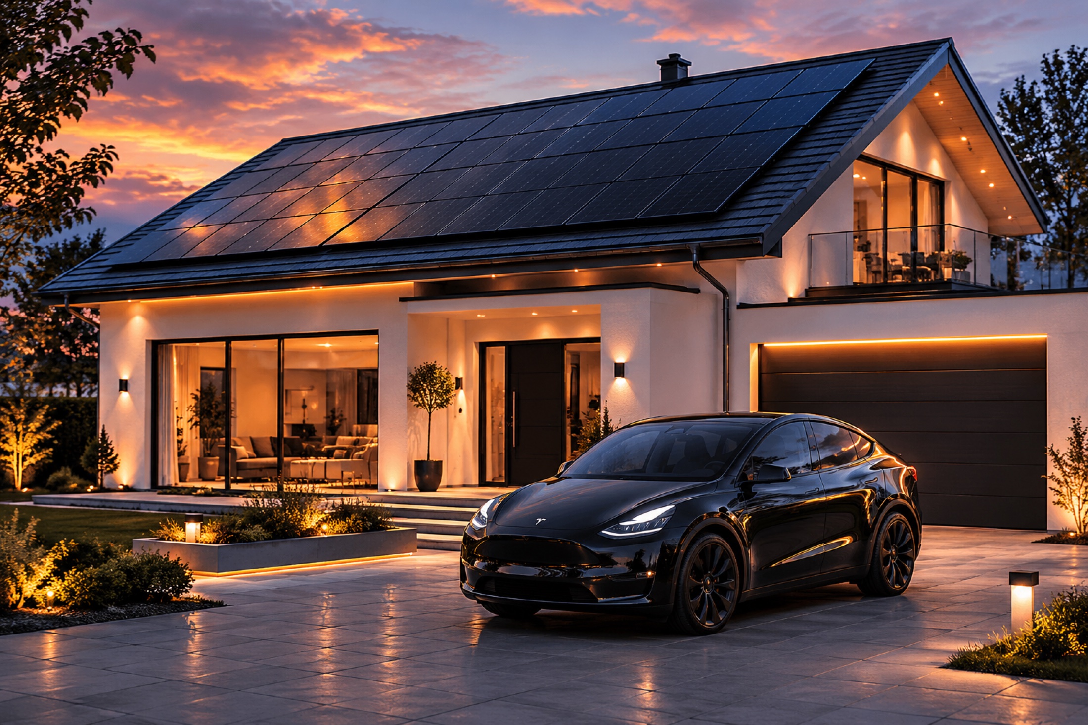 Modernes Haus mit PV-Anlage und Elektroauto vor der Garage