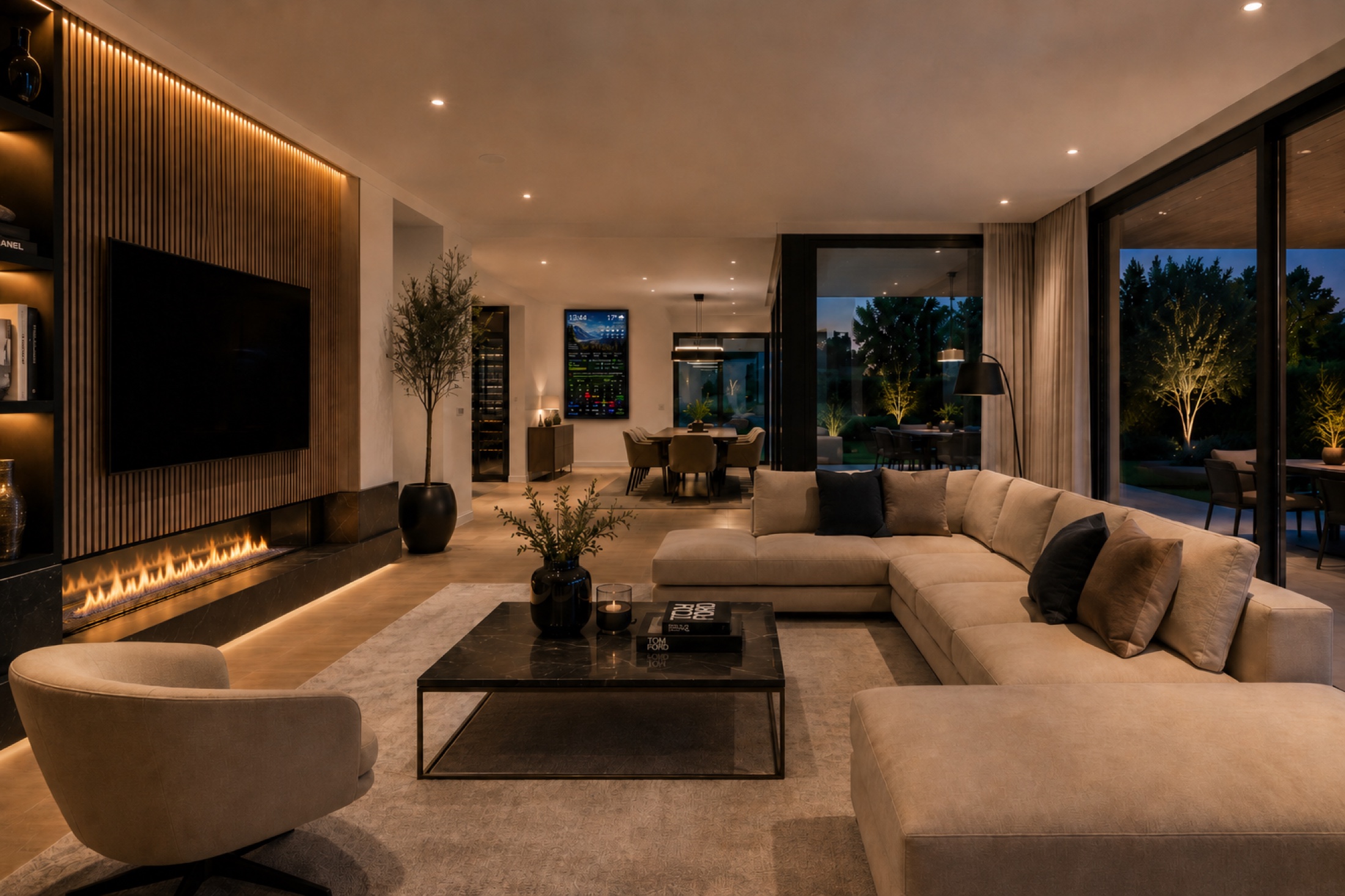 Modernes Wohnzimmer mit VistaBoard an der Wand