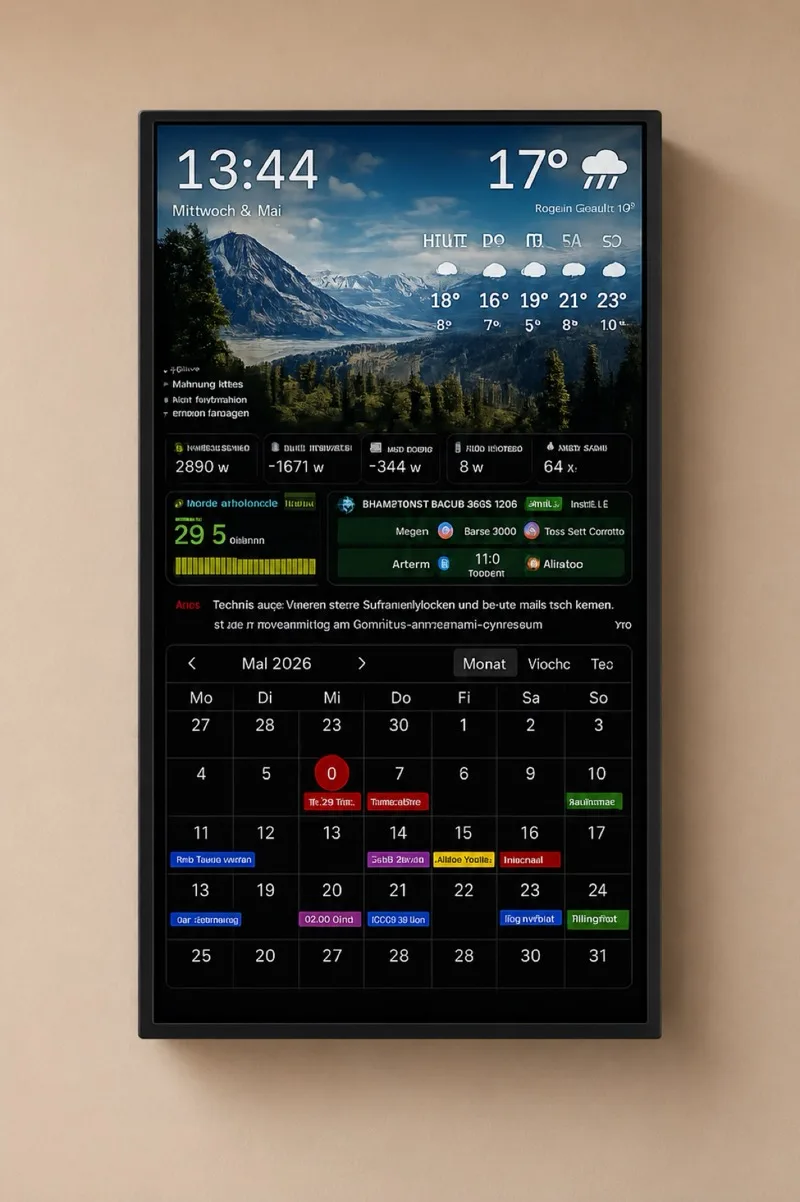 VistaBoard an der Wand mit Monatskalender und farbig markierten Terminen