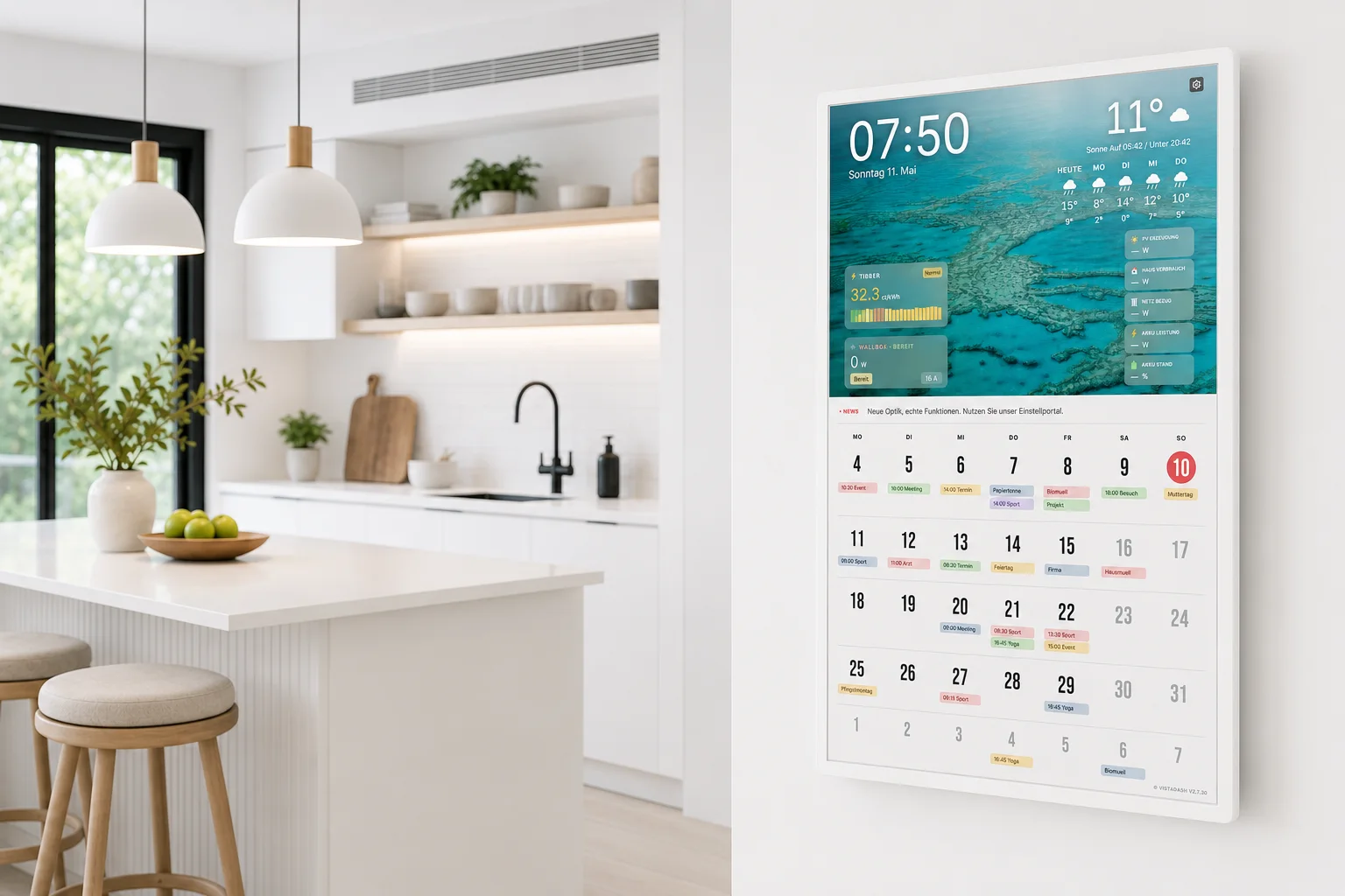 VistaBoard im hellen Pastell-Layout mit weissem Rahmen in einer Kueche