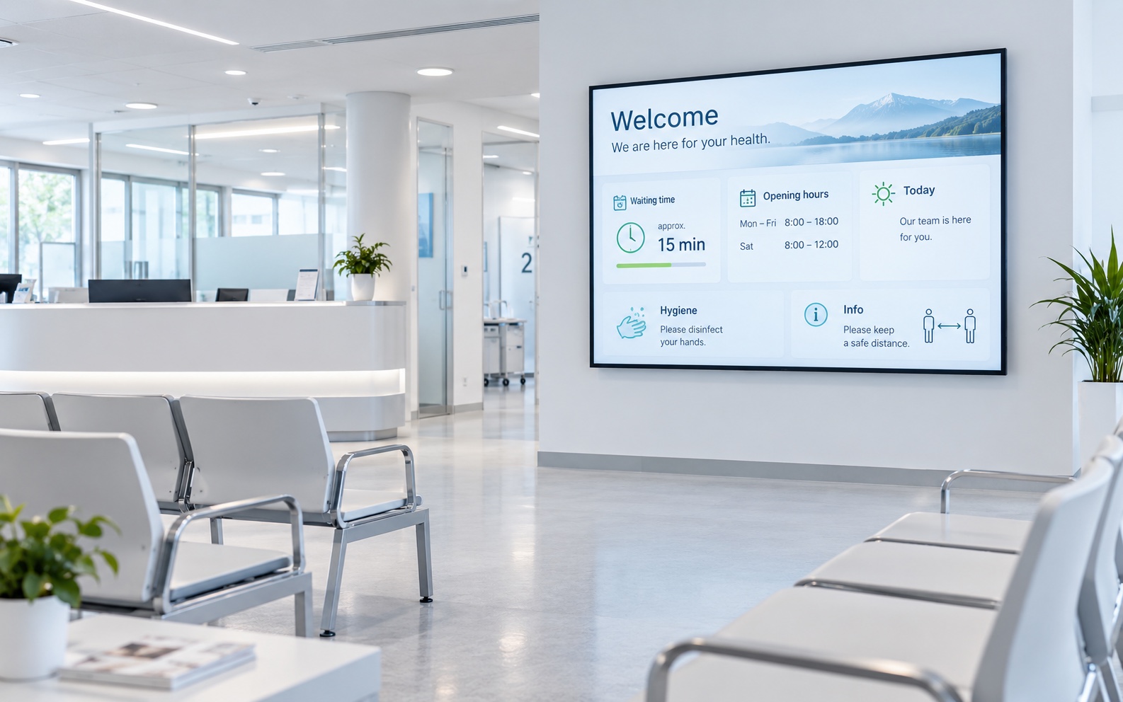 Praxis-Wartebereich mit Vista-Board Patienteninformation
