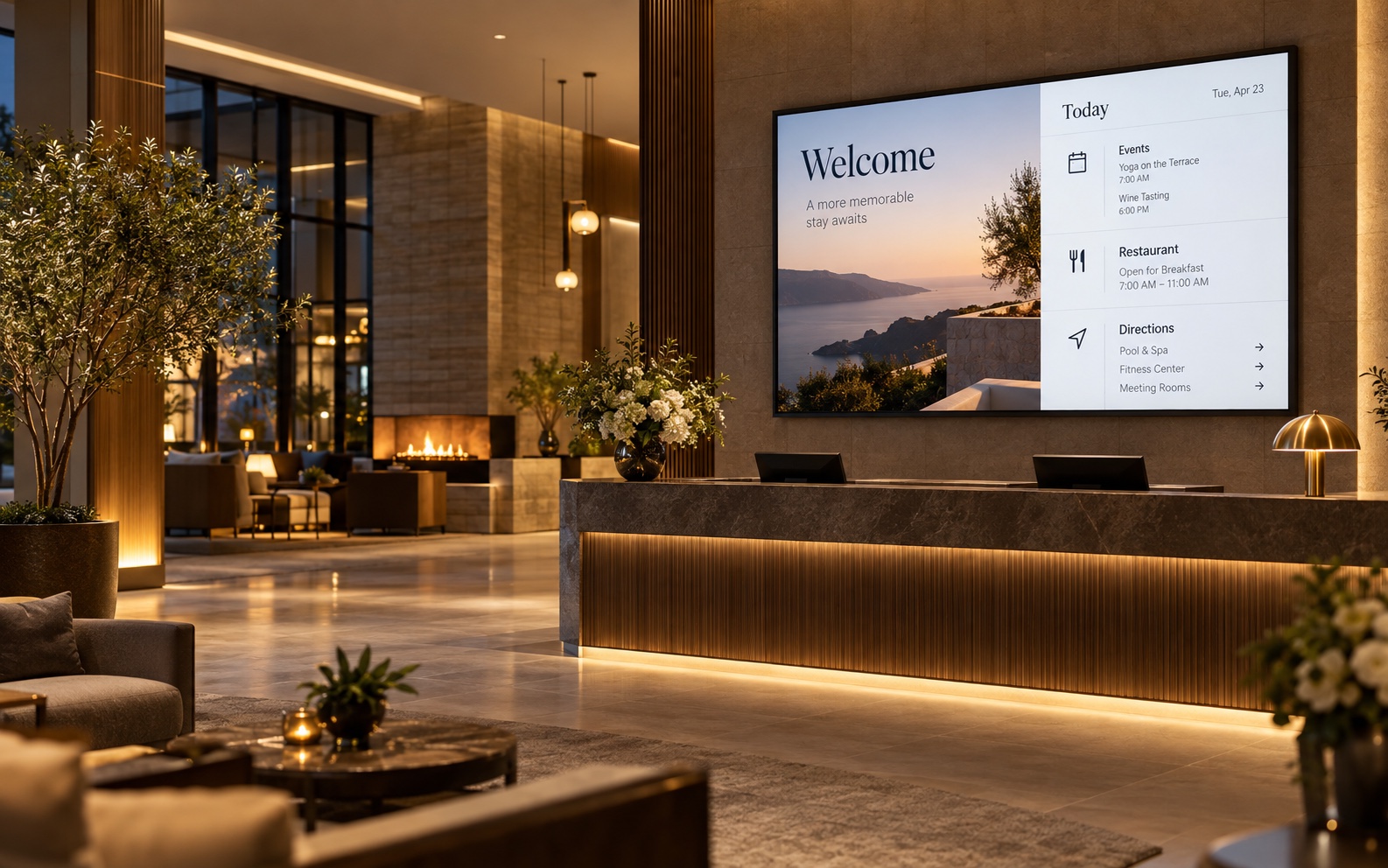 Hotel-Lobby mit großem Vista-Board Empfangsdisplay