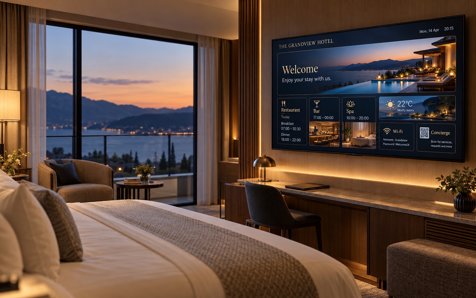 Fotorealistisches Hotelzimmer mit Vista-Board Hotel-TV für Restaurantzeiten, Baröffnungszeiten und Concierge-Informationen